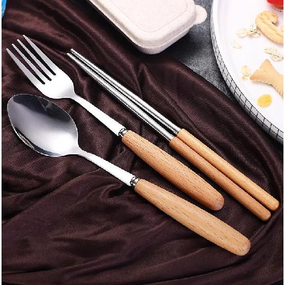 Wooden Handle Stainless Steel Tableware Three-Piece Set Chopsticks Fork Spoon Students Outdoor Travel Gift Tableware Set4
