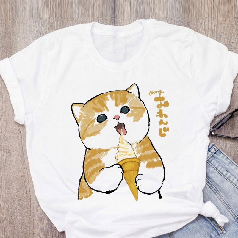 Dámské tričko Cute Cat Funny Cartoon Tričko Harajuku Graphic Ulzzang Tričko 90. léta Tisk Tričko Módní Estetický Top Tričko Žena