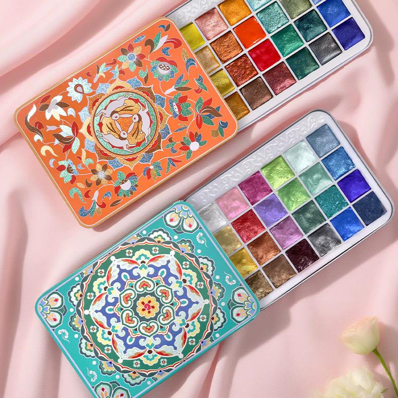 24 Farben Glitzer-Aquarellfarben-Set Metallisch Perlmuttfarben Festpigmente für Aquarellmalerei Acuarela Künstler Schulbedarf