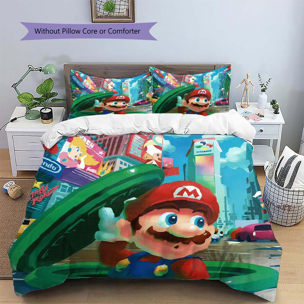 Mario Patterned Pillowcase & Duvet Cover Set Anime Classic Themed Bedding for Bedroom Nice Present.-TING 135x200cm