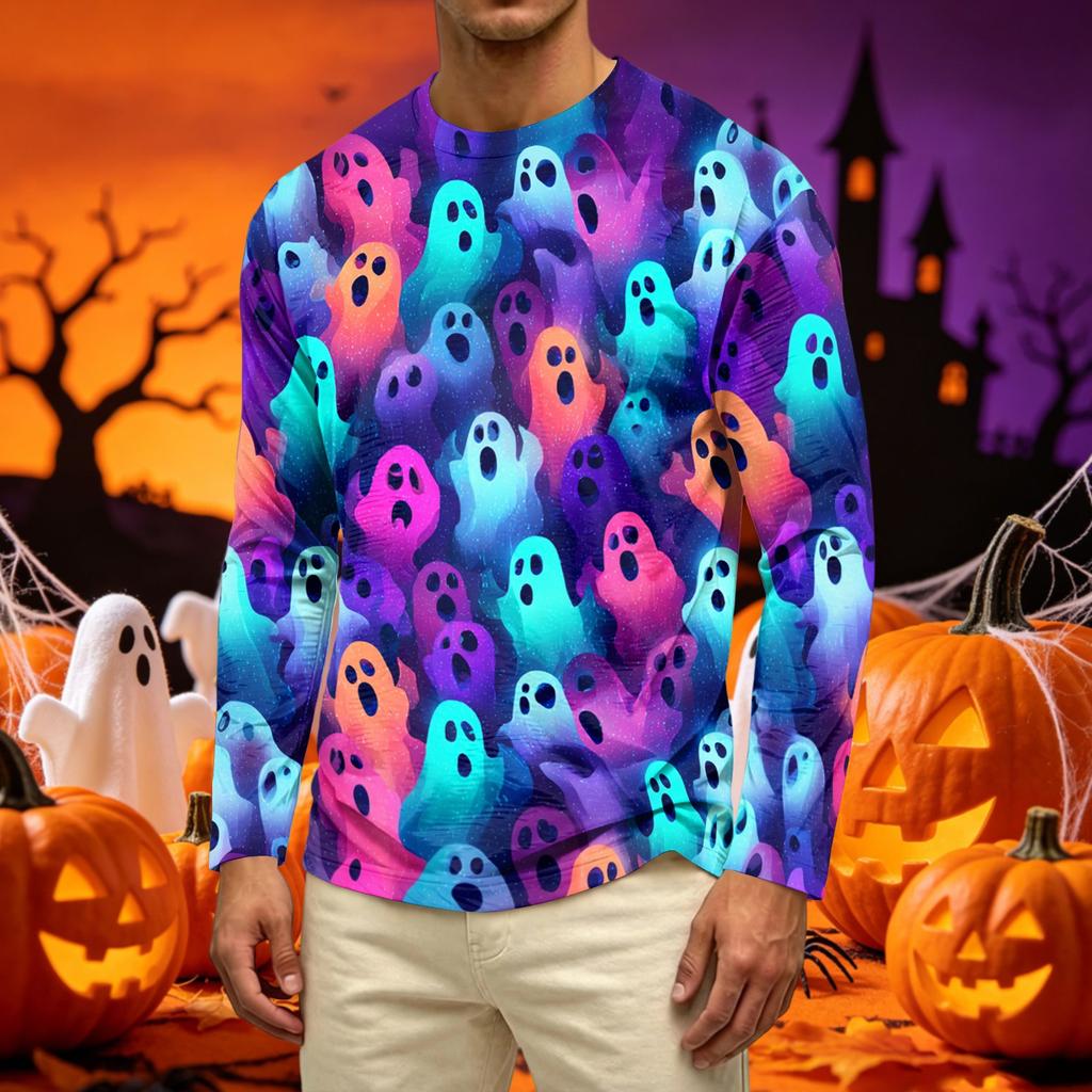 Men's Casual Long Sleeve Crew Neck T-Shirt with All Over Ghost Print Lightweight Comfortable Fit for Everyday Wear