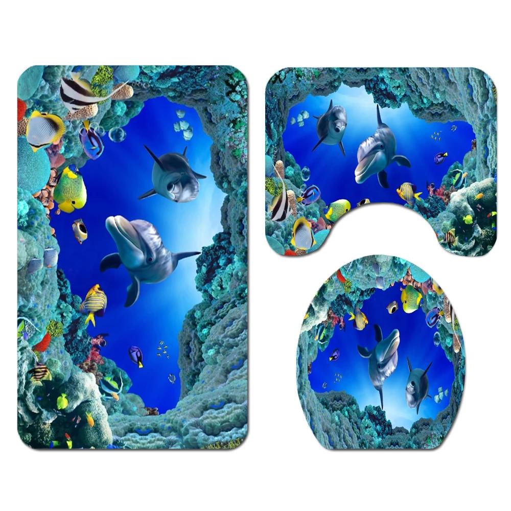 3D Ocean Design Dolphin Waterproof Fabric Bathroom Curtain Blue Shower Curtains Set Anti-skid Rugs Toilet Lid Cover Bath Mat