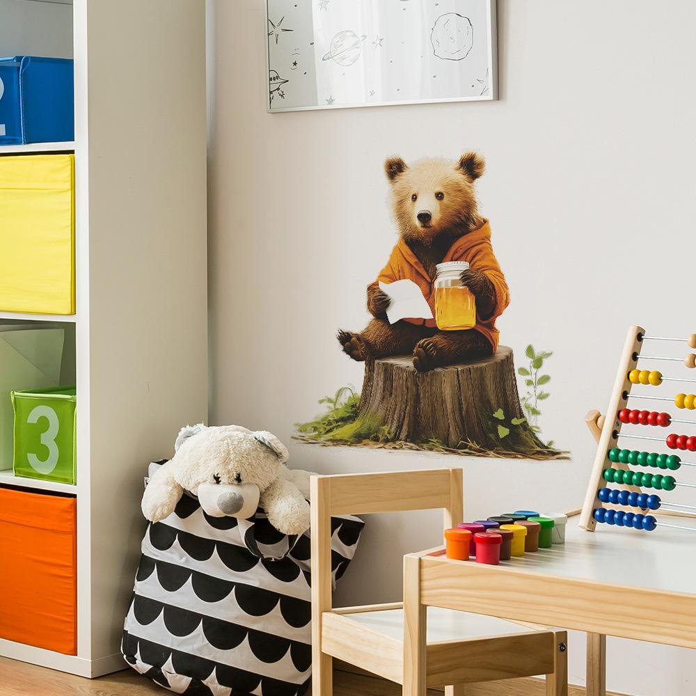 Honey-Eating Adorable Brown Bear Wall Sticker Playful Sweet Self-Adhesive Removable Decor for Kids Room Bedroom