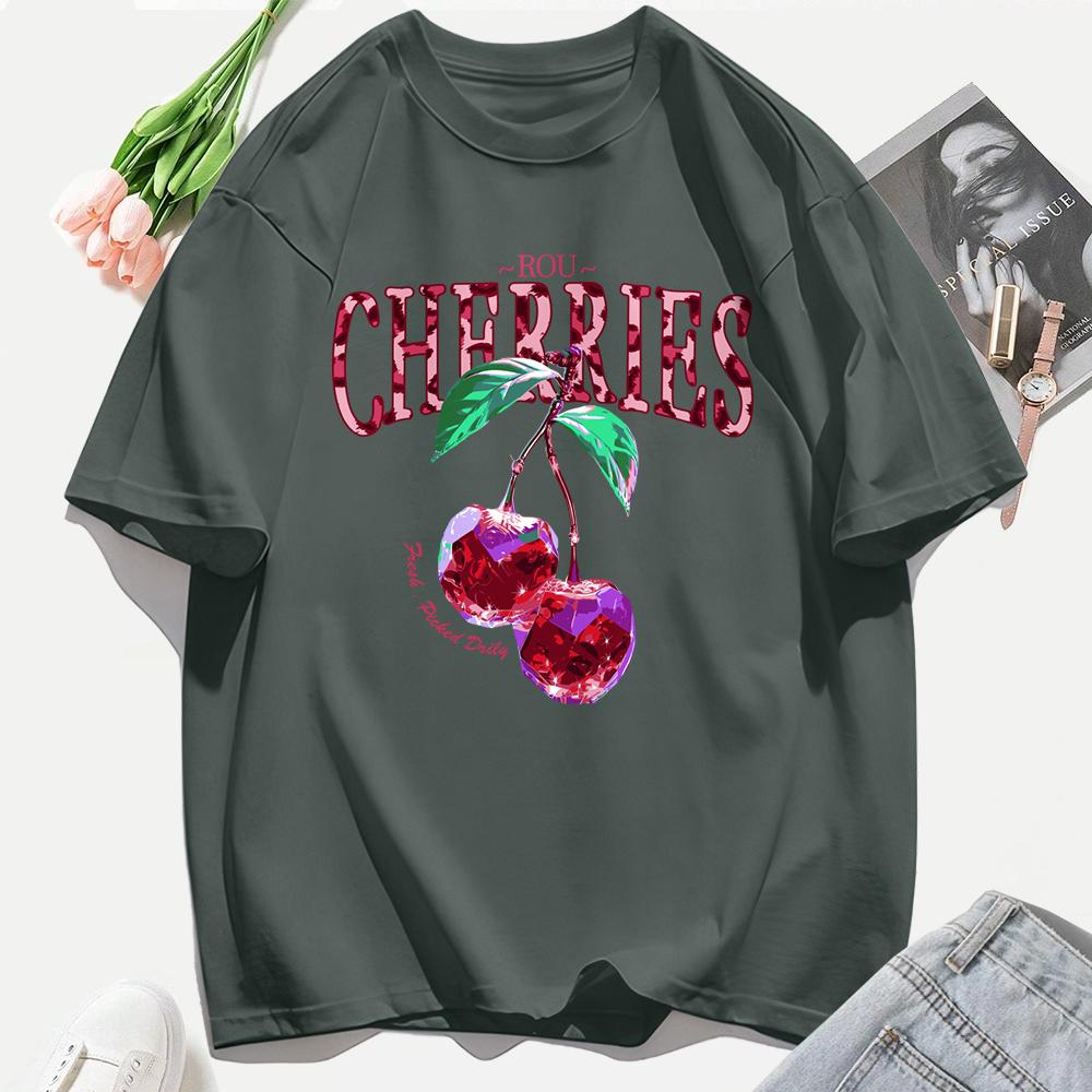 Crystal Cherries Printing Tee Shirt Woman Summer Cotton Tee Tops O-Neck Casual T Shirts Oversized All-Match Short Sleeve