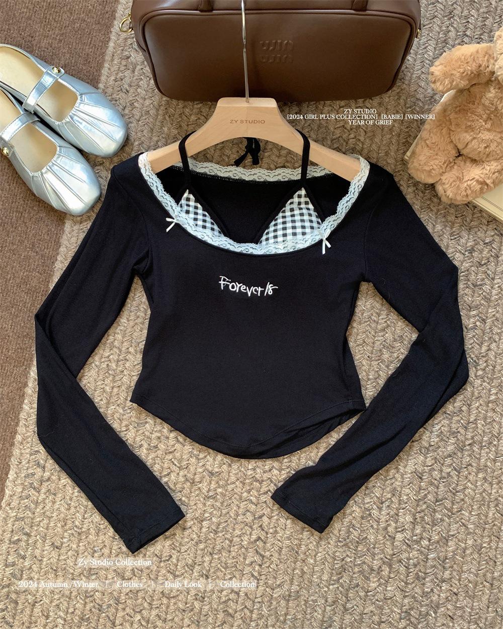 

Женская облегающая футболка с длинными рукавами из чистого синего кружева — шикарный, милый и пикантный топ ранней осени One size 75-120 jin