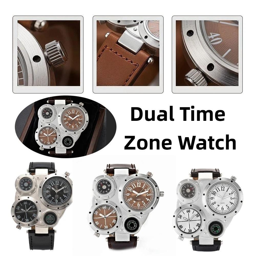 PU Leather Strap Dual Time Zone Watch Leather Strap Quartz Watch Big Face Watches  Male