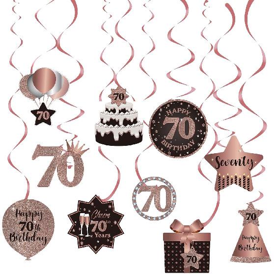Happy 70th Birthday Party Hanging Swirls Streams Ceiling Decorations, Celebration 70 Foil Hanging Swirls with Cutouts for 70 Years Old Rose Gold