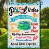 2D Flat, 1pc 30*20cm Wooden Summer Pool Rules Sign - Double-Sided Waterproof Outdoor Wall Decor with Vibrant Beach Balls, Flip-Flops & Fashion