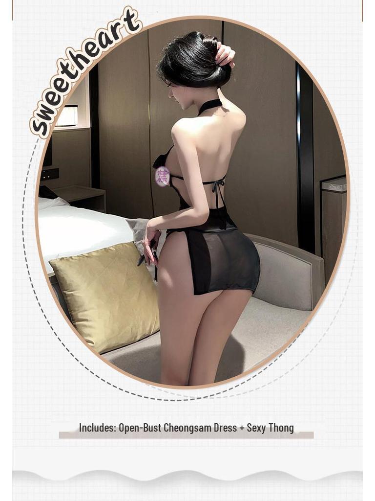 Alluring Ancient Style Cheongsam Lingerie: Backless, See-Through Nightgown for Small Chest.
