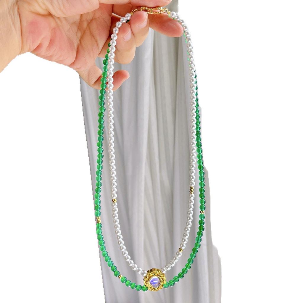 Collana Doppia Collana a Catena per Clavicola in Calcedonio Naturale di Alta Qualità, Agata, Cristallo Artificiale, Perla