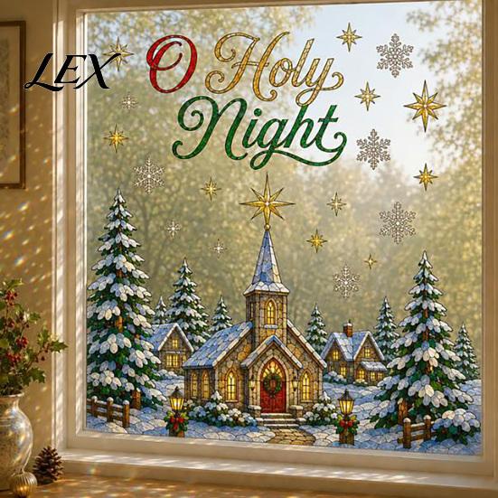 Shopping Mall Christmas Stickers 2Pcs Wall Stickers, Snowy Cottage Tree Self Adhesive Decals, Waterproof PVC Window Clings Snow Scene Holiday