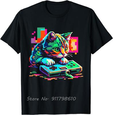 Nova Camiseta de Algodão de Verão Jogo Pixel Camisa Casual Arte de Gato Jogador Gatinho Camiseta Oversized Verão Roupa Masculina Tops Unissex
