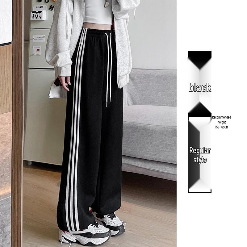 White-Gray Striped Women's Wide-Leg Sweatpants - Autumn/Winter 2025, Casual, Petite, with Three Stripes and Cuffed Hem.