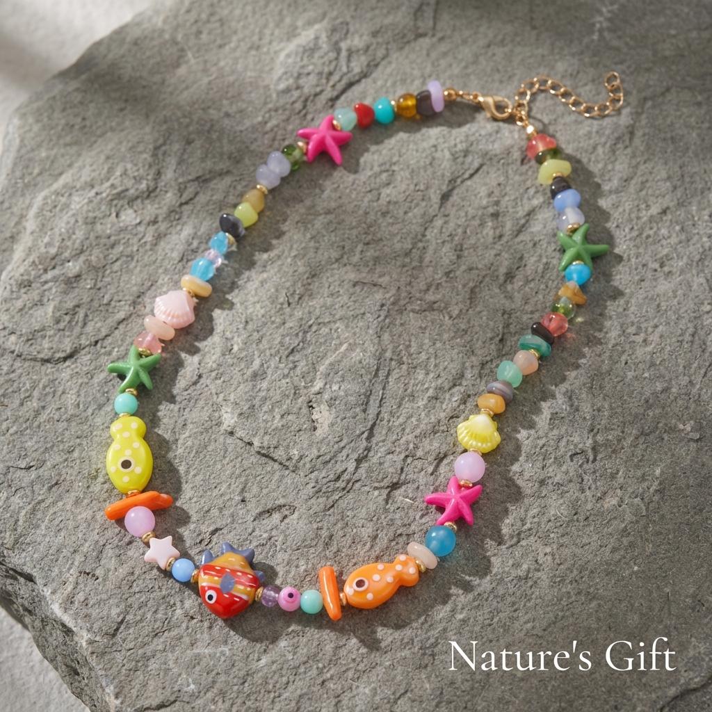 Resort Colorful Fish Starfish Shell Chip Stone Pendant Necklace for Women Beach Boho Ocean Layered Dainty Chain Jewelry Gift