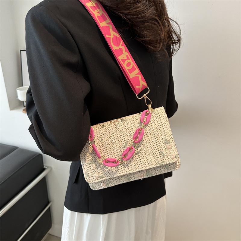 Fashion Straw Woven Bag for Women Lace Flower Crossbody Bag Versatile Small Square Chain Shoulder Handbag