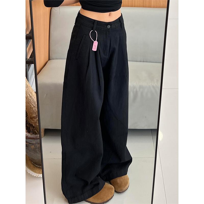 Women's Big American Style Black Wide-Leg Jeans, Autumn/Winter Pear Shape, Floor-Length, Loose Fit