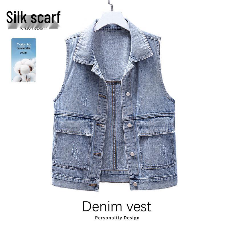 

Sibaisha Women s Washed Loose Fit Lapel Denim Vest S