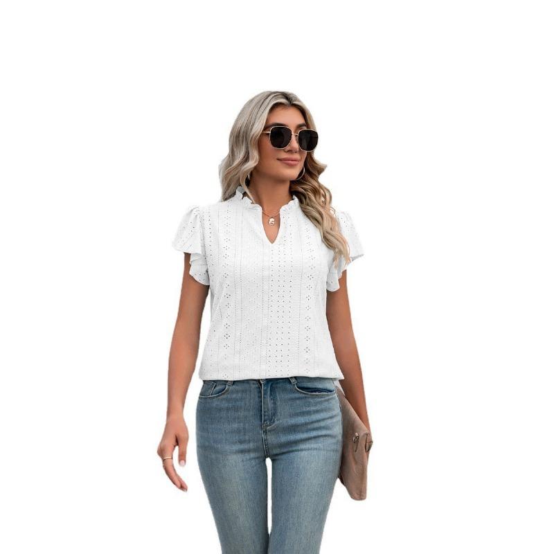 

Летняя женская футболка с v-образным вырезом и рюшами, свободный топ с короткими рукавами XL белый