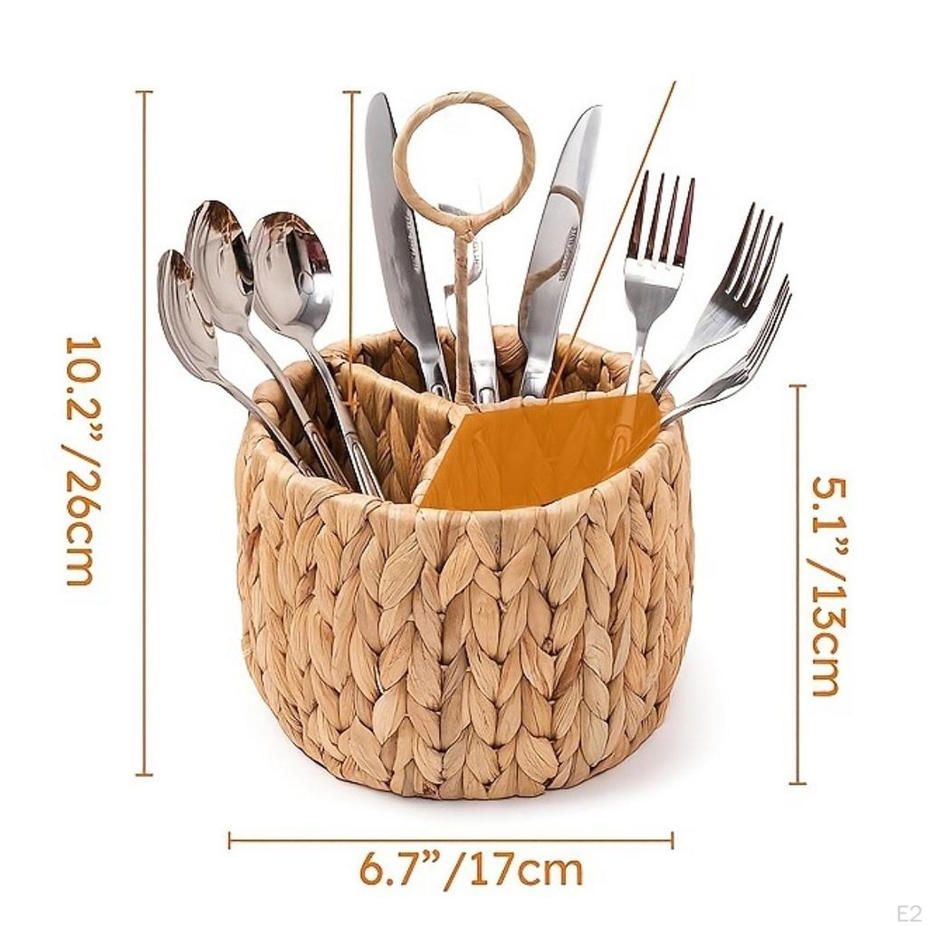Wicker Flatware Organizer Water Hyacinth Cutlery Holder Multifunction Round Woven Portable Divided