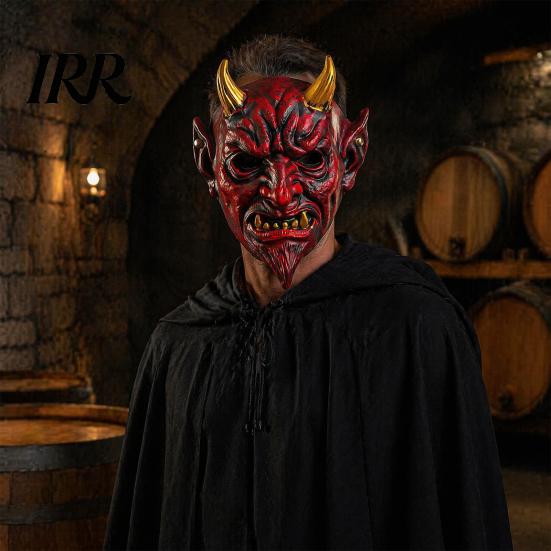 Full Face Mask Halloween Red Devil Cosplay Mask, Creepy Golden Horned Demon Latex Breathable Masquerade Costume Party for Men Adults Scary