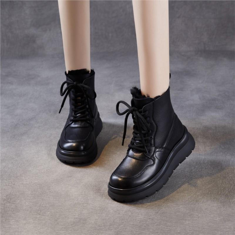 Johnature Genuine Leather Women's Shoes Leisure Thick Soled And Plush Warm Wool Lace-up Short Boots