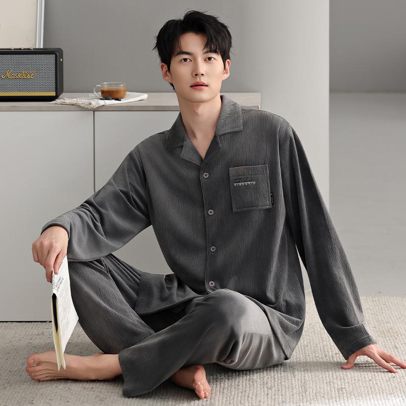 Island Velvet Pajamas Men'S Autumn And Winter Thickened Long-Sleeved Casual Warm Winter Thin Velvet Loungewear Set