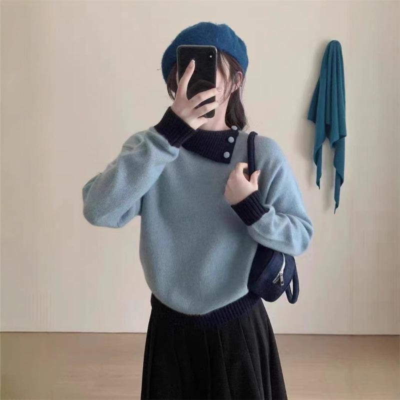 Contrasting color lapel sweater women's winter loose and gentle wind design sense unique knitted backing inner top thick