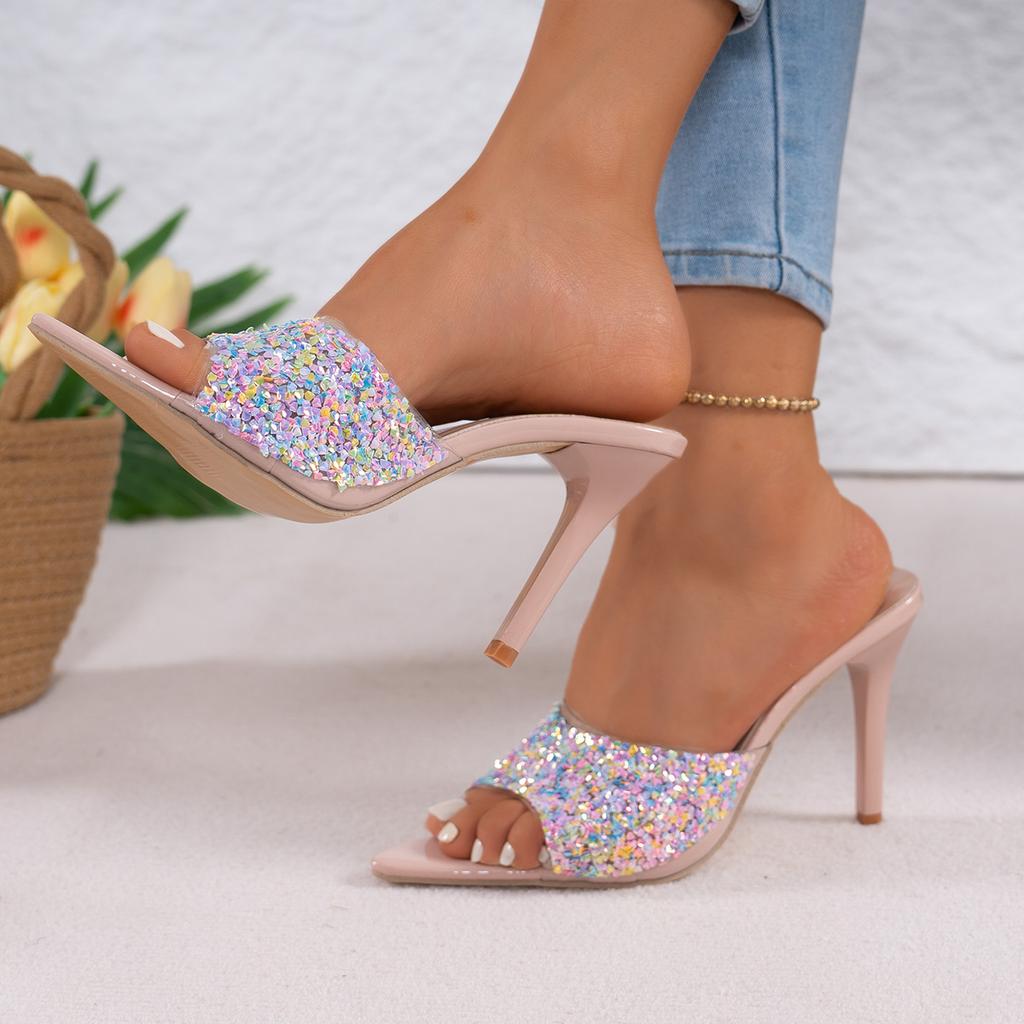 Fashion Summer Women Sandals Pointed Toe High Heels Shoes Women Fashion Crystal Heel Sandals Woman Shiny Sequins Banquet Party Shoes