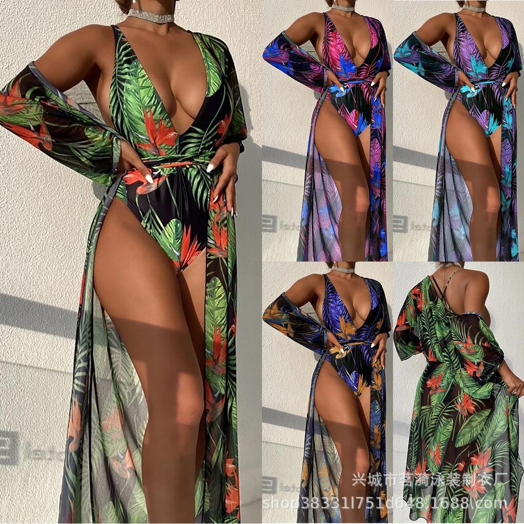 New one-piece sexy multi-color maple leaf print with long mesh blouse three-piece women's swimsuit