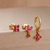 3PCS Rose Red Cubic Zircon Stainless Steel Hoop Earrings Set 18K Gold Plated Huggie Pendant Piercing Earring Women's Jewelry