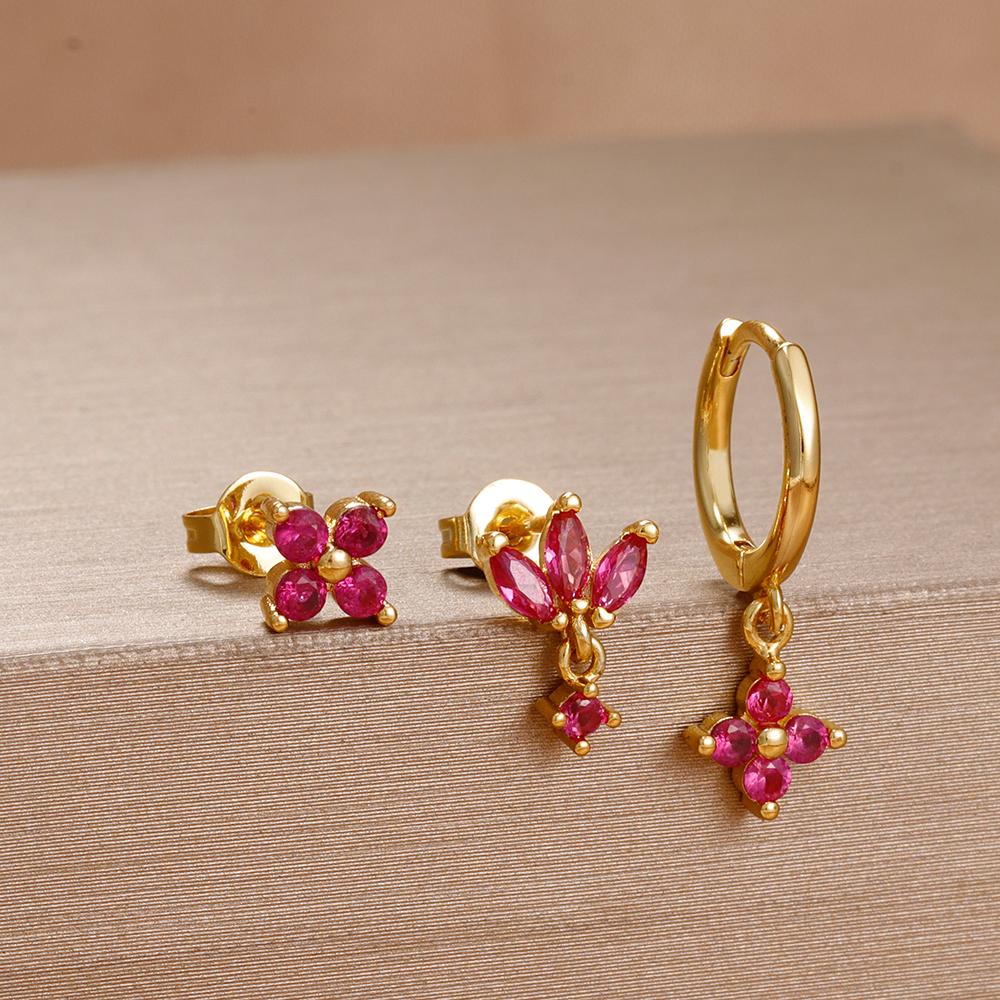 3PCS Rose Red Cubic Zircon Stainless Steel Hoop Earrings Set 18K Gold Plated Huggie Pendant Piercing Earring Women's Jewelry