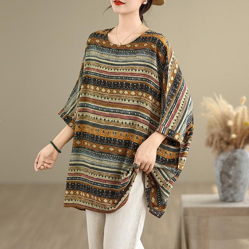 Oversized Vintage Stripe Floral Casual Loose Long T Shirt Tops Women Summer T-shirt