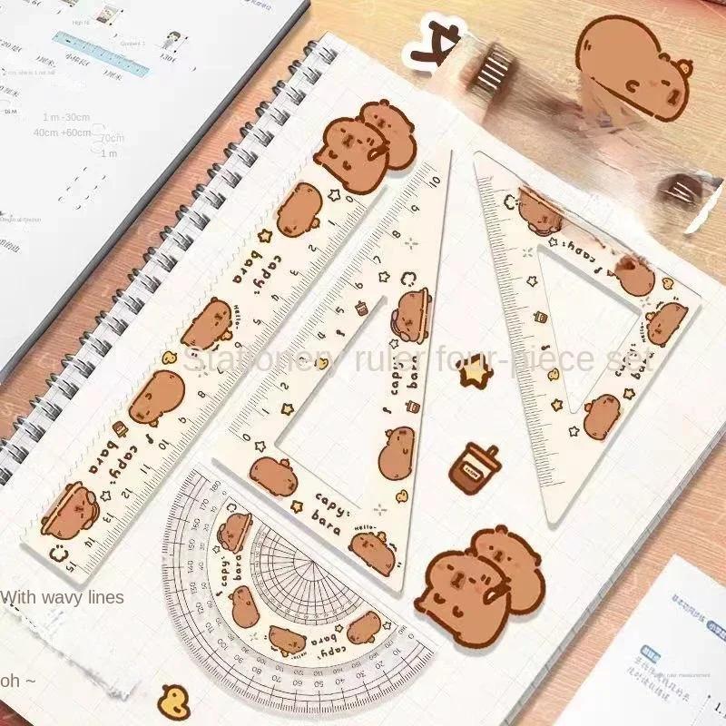 4Pcs Cute Capybara Acrylic Ruler Set – Transparent Drawing & Office Measuring Tools with 30-60-90 Triangle, Kawaii Stationery for Teens