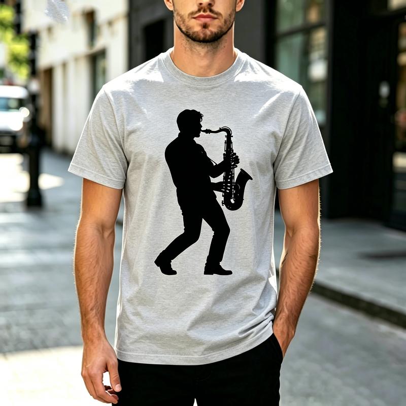Vintage Jazz Music Saxophone Player Silhouette Print Unisex Short Sleeve T Shirt Cotton Summer Streetwear Casual Tee