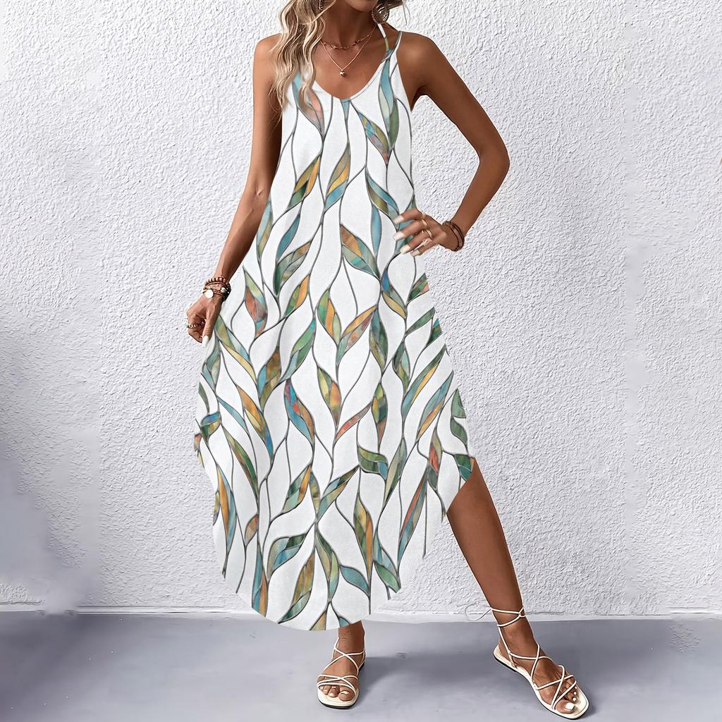 Women V Neck Sleeveless Floral Print Maxi Dress with Pockets Casual Loose Fit Beach Long Sundress for Summer