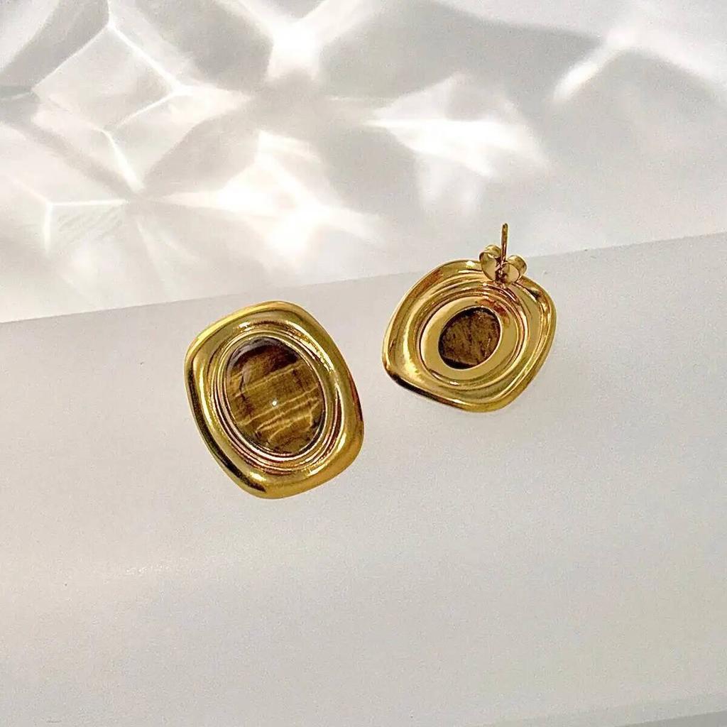 IngeSight.Z Classic Retro 18K Gold Plated Stainless Steel Stud Earrings Women Fashion Natural Stone Square Geometric Ear Jewelry