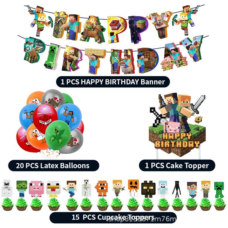 Minecraft-Themed Aluminum Foil Balloon Set: Kid's Birthday Decor with Pull Flags & Number Combination