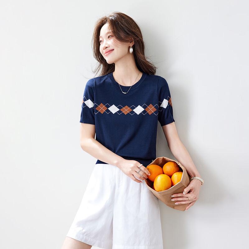 Women's Silk Blend Diamond Jacquard Knit Short Sleeve T-Shirt