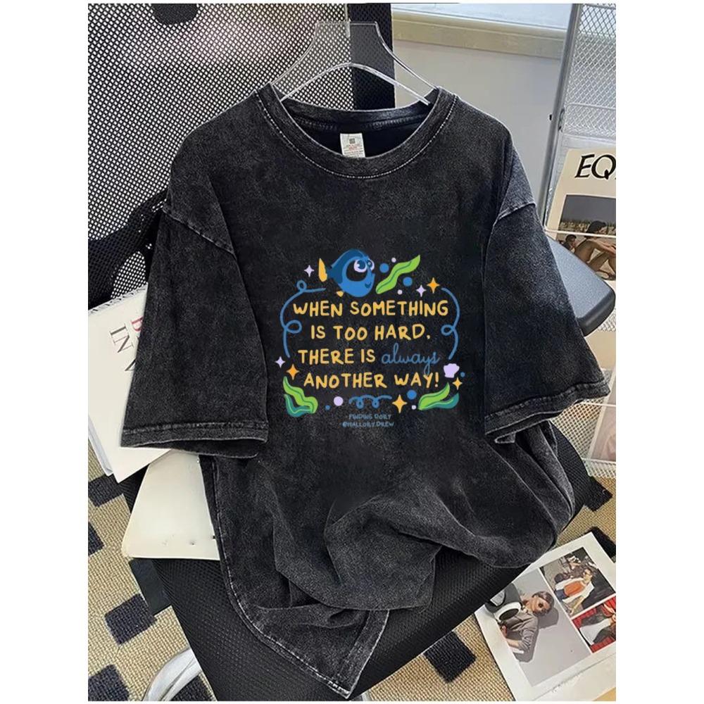 Cute Cartoon Bear Fish Print Vintage Washed Black Oversized T-Shirt Neck Short Sleeve Tee for Women Streetwear