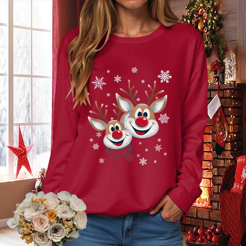 Sweat-shirt pull-over à manches longues décontracté à la mode pour femmes, coupe ample, imprimé de Noël, col rond