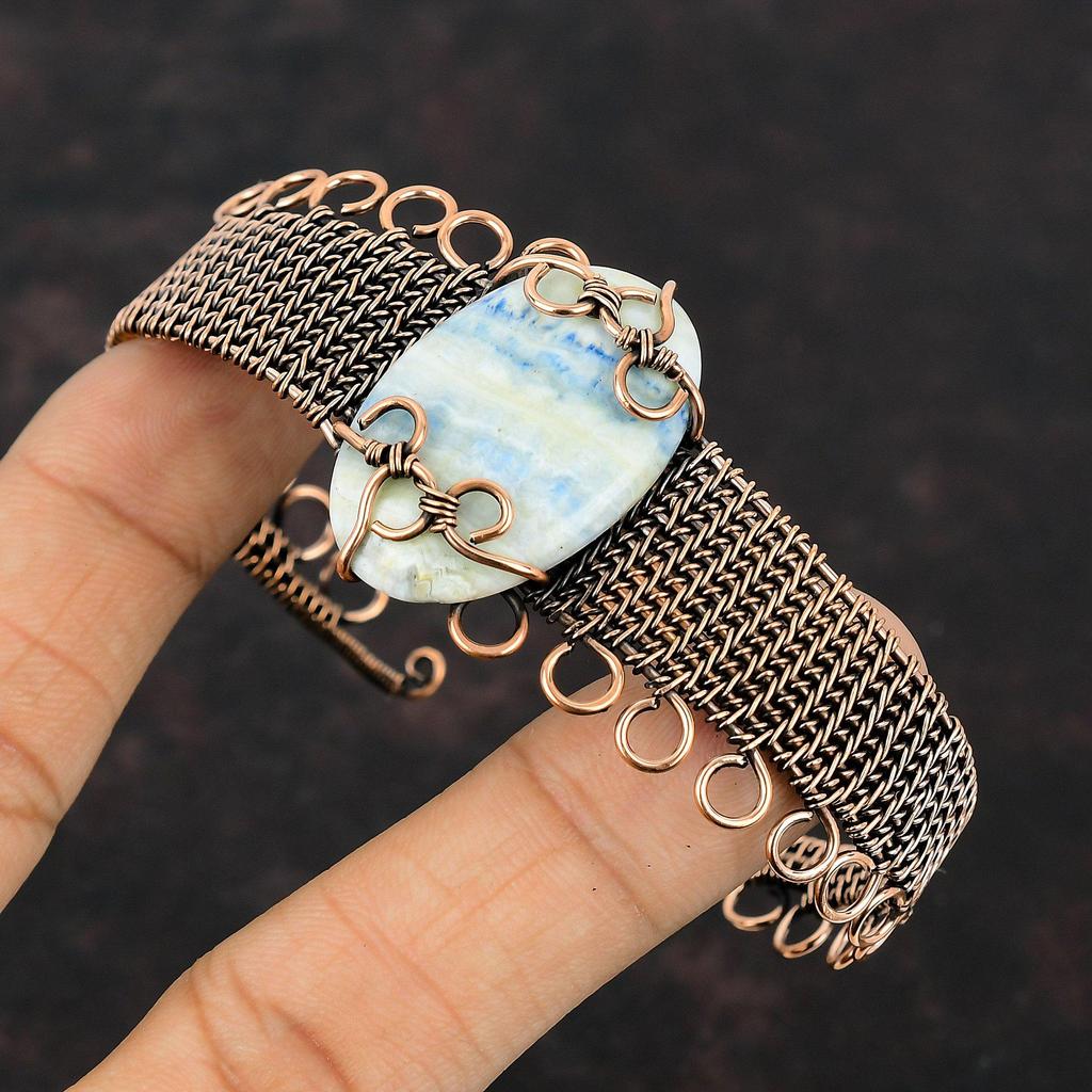 Blue Scheelite Copper Bangle Wire Wrapped Cuff Bracelet Adjustable Bangle Copper Wire Wrapped Jewelry Handmade Gemstone Bangle Gift For Her