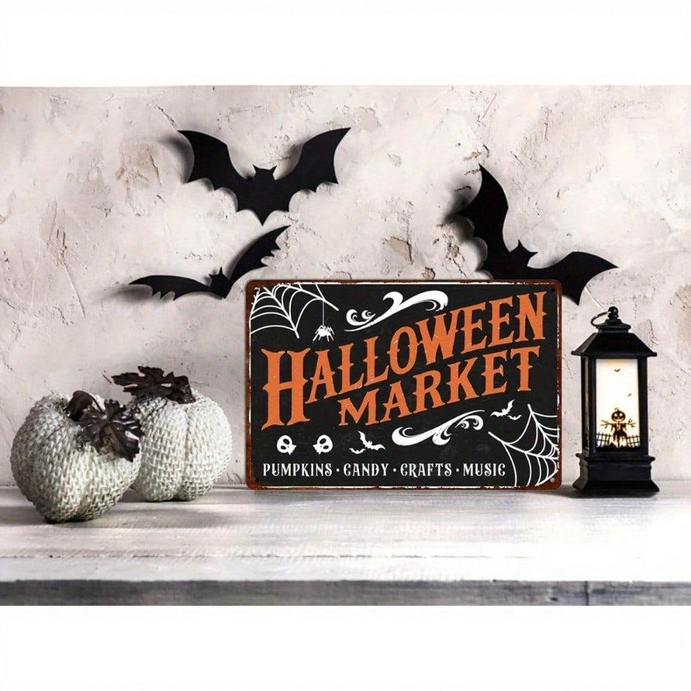 Halloween Tin Sign 8x12in Spooky Witch Pumpkin Ghost Wall Decor, Waterproof, UV Protected, Pre-Drilled Holes