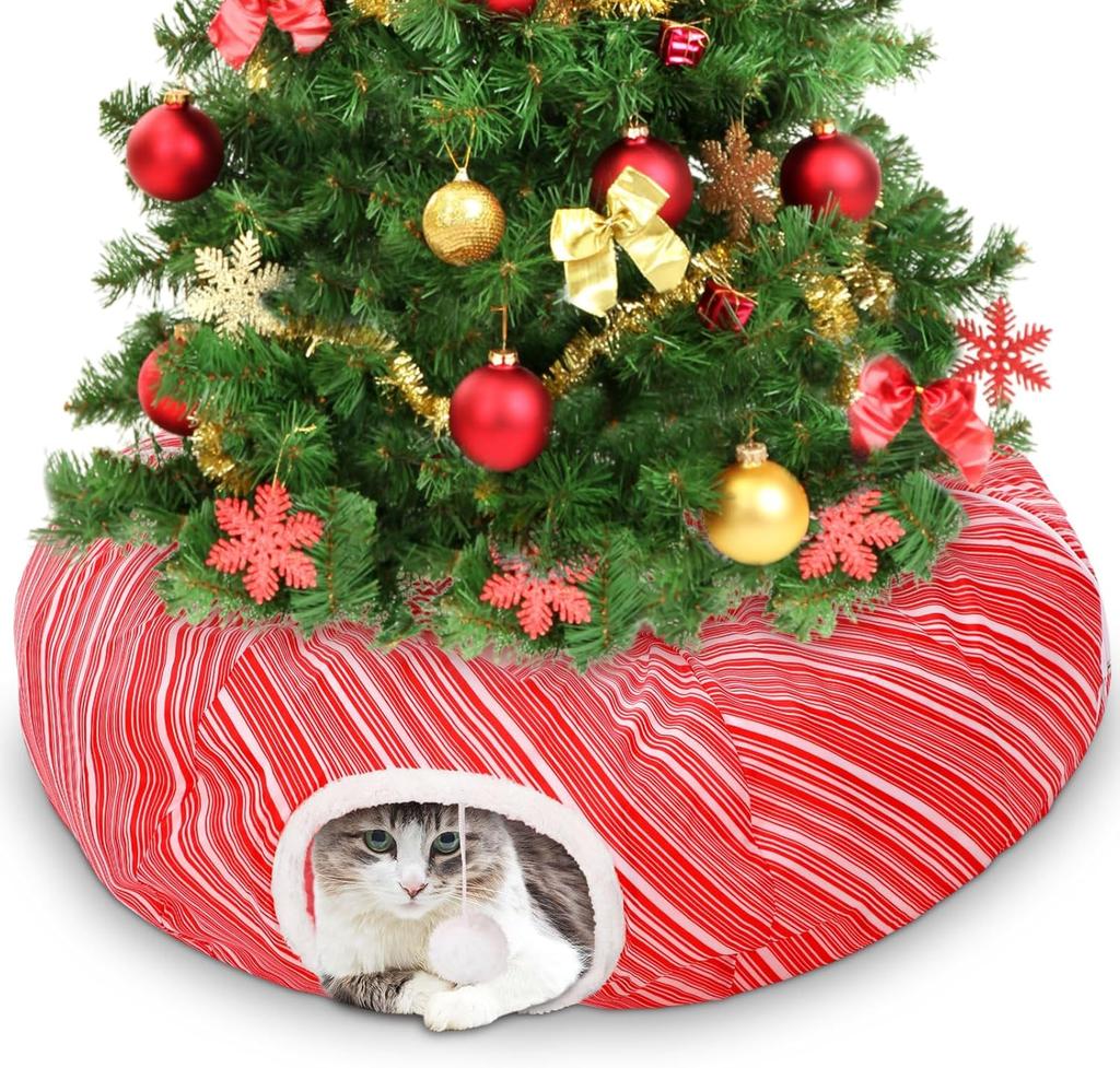 Cat Tunnel with Christmas Tree Skirt, 35.8'' Foldable Kitty Pipeline for Kittens & Small Pets, Xmas Festive Hanging Ball Decorat