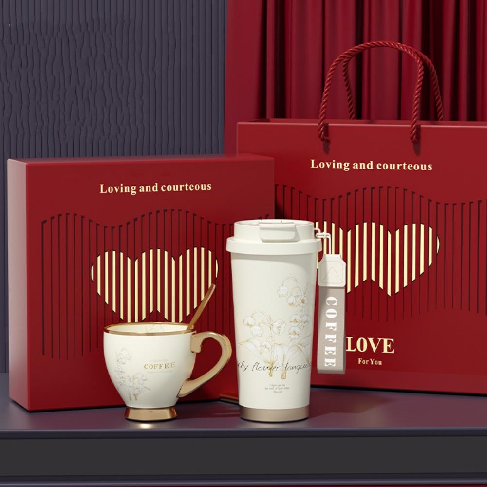 Lyxig Keramisk Kaffe Rese Termosmugg 530ML Och Mug 280ML Set med Presentförpackning - Bröllopspresent Dryckeservice Set