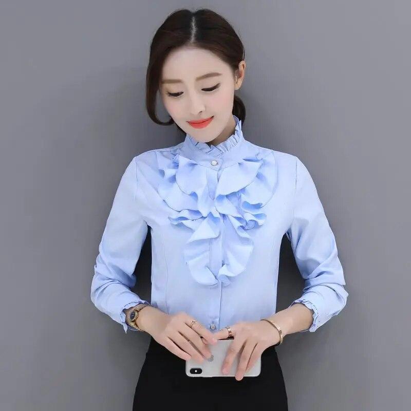 Spring Autumn New Stand Collar Ruffle Long Sleeve Blouse Women's Korean Professional Bottoming Shirt Solid Color Chiffon Shirt