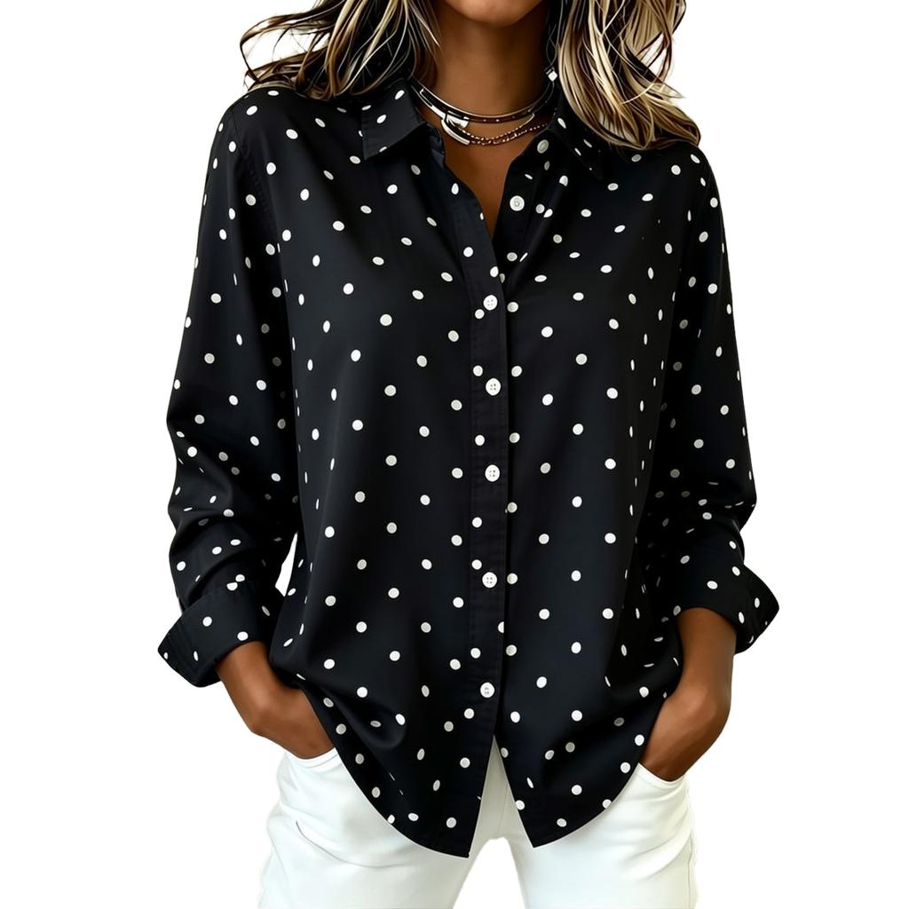 Dameslosvallend Stippen Lange Mouwen Blouse met Kraag voor de Herfst - Veelzijdige Casual Top