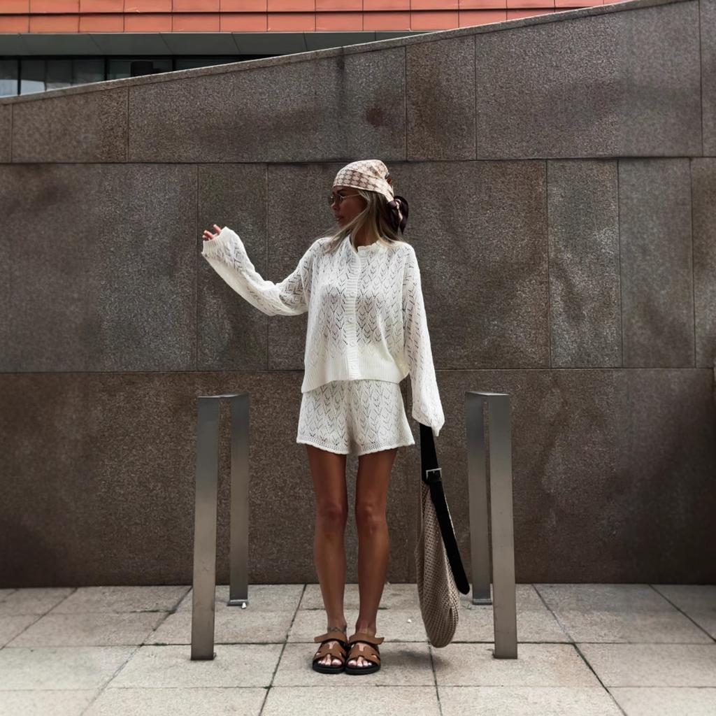 Women's White Lace Knit Cardigan and Shorts Set Sleeveless Cropped Top Two Piece