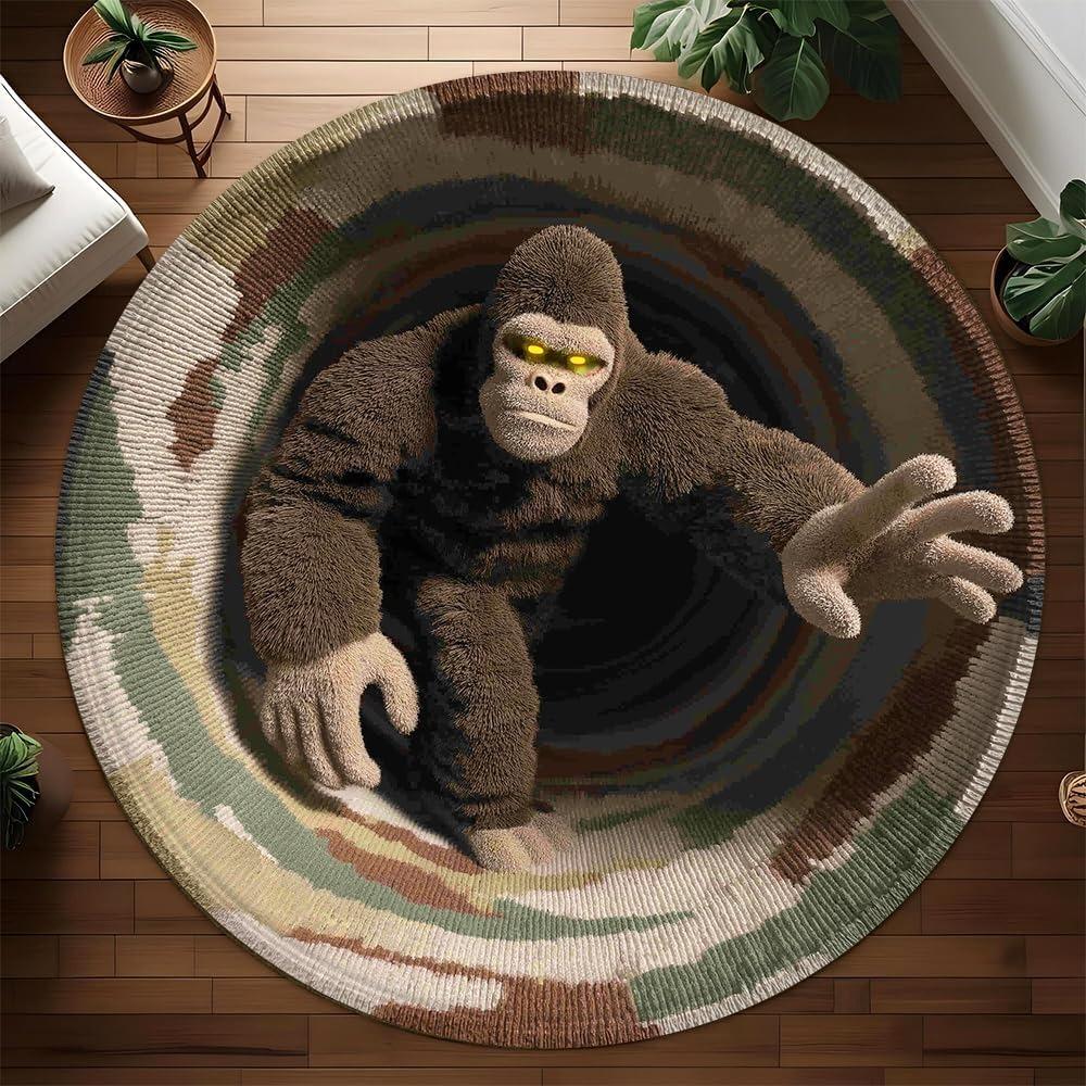 2D Jungle Gorilla Round Rug Poly Forest Tunnel Gorilla Circular Rug Fantasy Wildlife Decor Non-Slip Floor Mat for Living Room