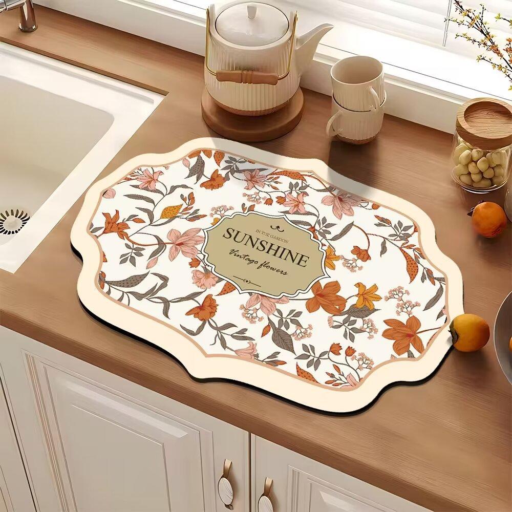 American Vintage Flower Diatoms Mud Drain Mat Kitchen Absorbent Quick Drying Table Mat Household Bowl Plate Drying Mat