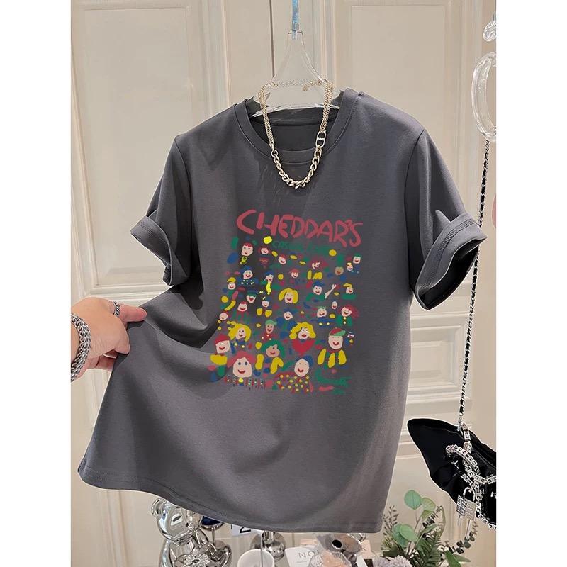 2025 Summer Funny Cartoon Print T Shirt for Women Harajuku Pure Cotton Oversized T-shirt Women's Luxury Clothing White Black Y2k Tops Streetwear